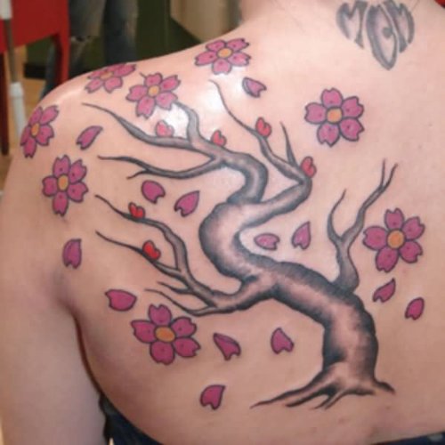 Girl Left BAck Shoulder Cherry Blosoom Tree Tattoo